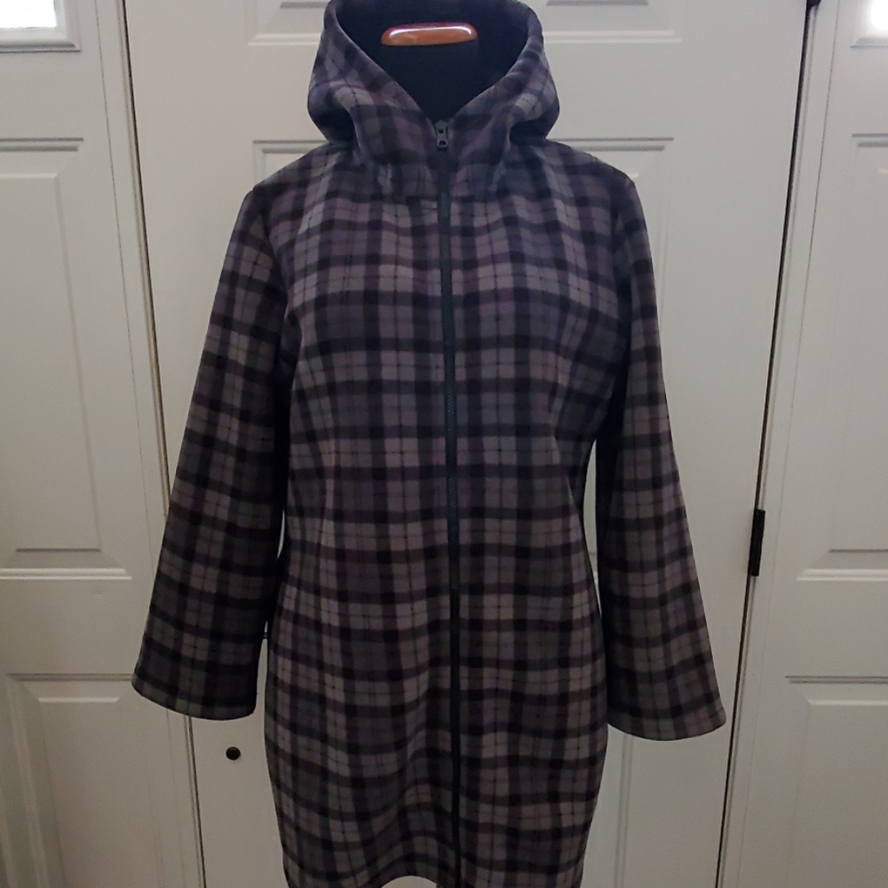 Hooded Gray and black plaid fleece jacket